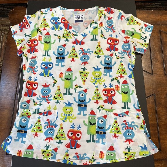 Strictly Scrubs Stretch Monster Christmas‎ Print V-Neck Scrub Top Sz Small 4 Poc - Picture 1 of 4